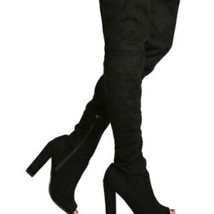 Black peep toe suede high thigh boots